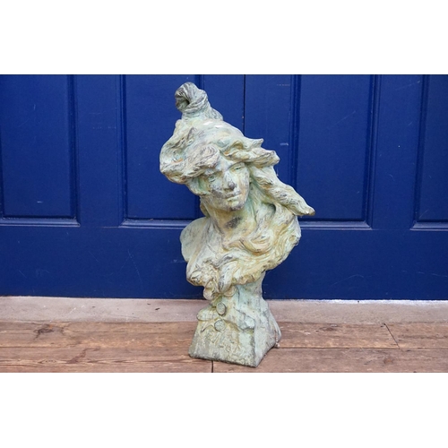 604 - An Art Nouveau design Young Girl's Head with a patinated finish & a square base. Measuring: 62cms Hi... 