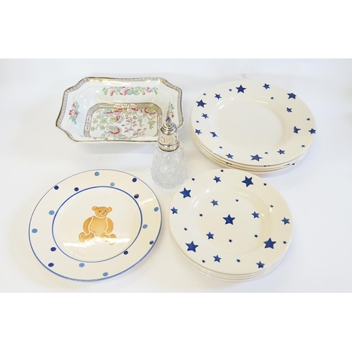 348 - Emma Bridgewater Star decorated Tea China, Indian Tree Bowl & a Silver Plated Sugar Castor.