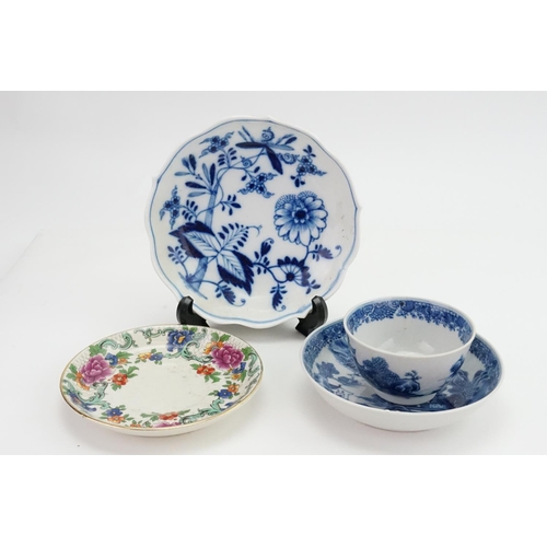 345 - A blue and white Meissen dish, along with a Booths pottery plate, a Chinese blue & white cup and sau... 