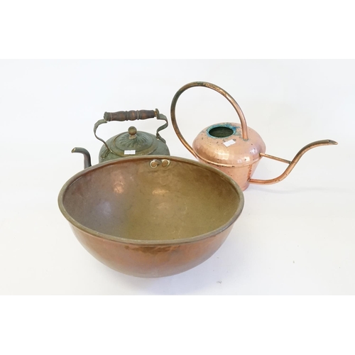 634 - A Regency Copper Kettle with a swirl pattern lid, a Copper Sweet Bowl & a Watering Can.