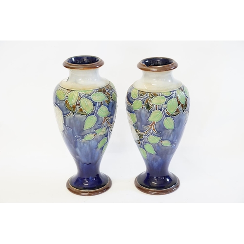 315 - A Pair of Royal Doulton Lion & Crown mark Slip Trailed Art Nouveau design leaf decorated Vases by Ja... 