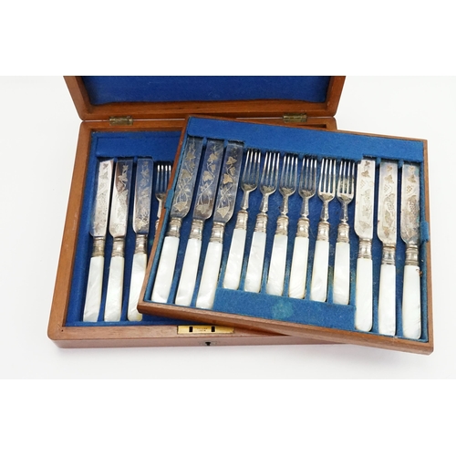 84 - A Set of 12 Victorian Close Plated Mother of Pearl Handled Desert Knives & Forks in the Original Box... 