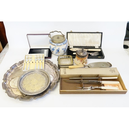 83 - A Victorian Silver Plated Salver, Butter Dish, Silver Plated Cased Servers, Butter Knives & other Si... 