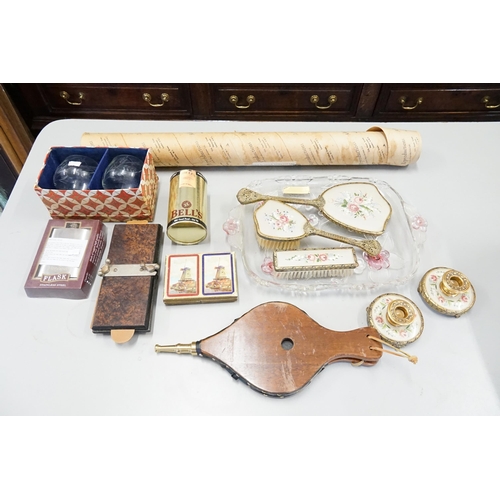 573 - A Gilt Metal Dressing Table Set, Bellows, Whiskey & Goblets, Route Maps, etc.