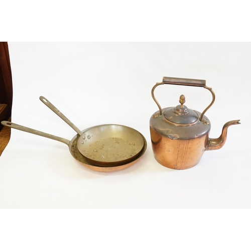 633 - Two Copper Bottomed Frying Pans & a Victorian Gun Metal mounted Kettle.