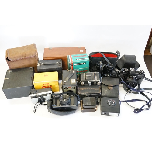 594 - A Collection of Cameras & Binoculars to include Praktica with a Pentagon lens, a Kodak Camera, a Box... 