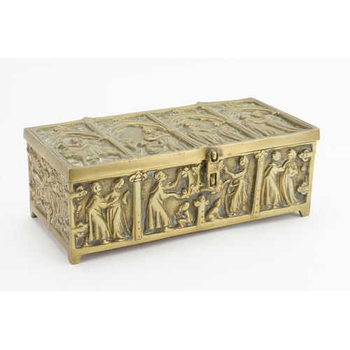 631 - A Reproduction Brass Medieval Comfrey Jewellery Box with makers mark 