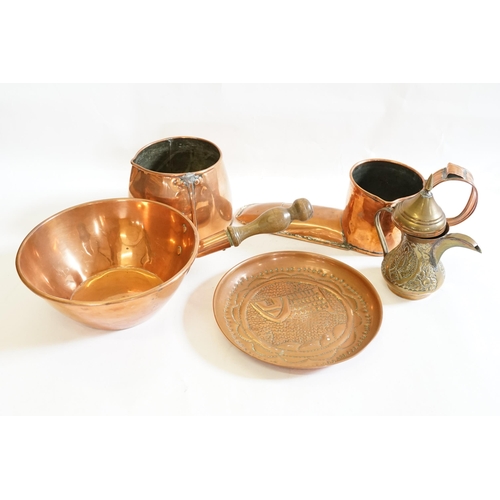 628 - A Late 19th Century Copper Ale Slipper Warmer, a Jam Saucepan & a Hot Water Can.