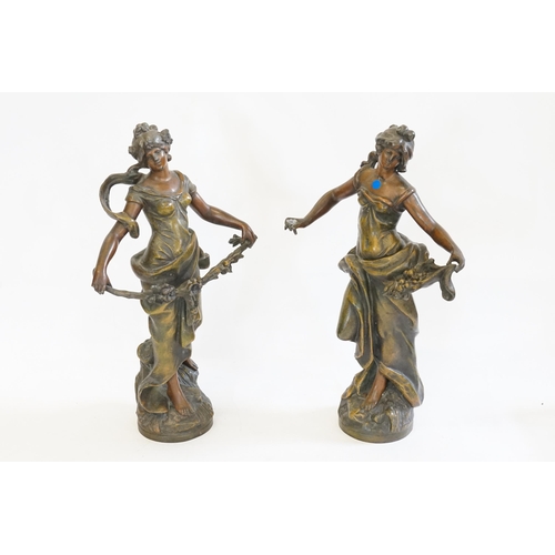 627 - A Pair of Art Nouveau Spelter Studies of Ladies in Semi-Classical Poses with Garlands & Baskets of F... 