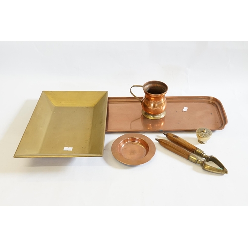 624 - A Copper Long Handled Cocktail Tray, Nut Crackers, a Brass Dish, etc.