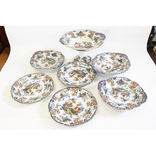 369 - A Late 19th Century Blue & Gilt Desert Set in the Oriental pattern consisting of Five Plates, a Tazz... 