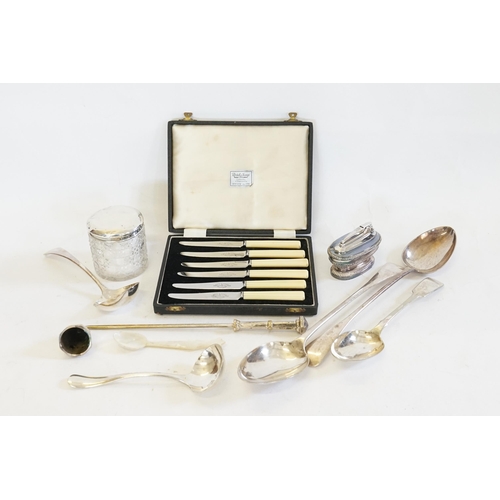 72 - Two Silver Plated Serving Spoons, a Silver Topped Trinket Box, a Cigarette Lighter, etc.