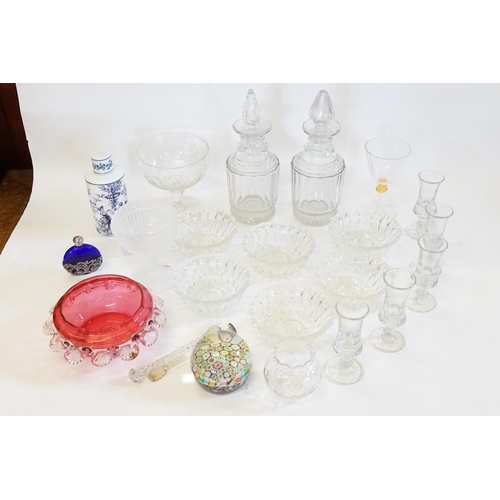 551 - A Box of Glass to include Cut Glass Decanters, Cut Glass Sugar Bowl, Cranberry Glass, etc.