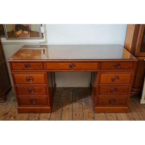 466 - A Chinese Hardwood Pedestal Desk fitted with Drawers with Harmony Carved Handles. Measuring: 153cms ... 