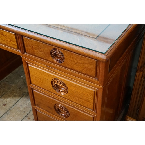 466 - A Chinese Hardwood Pedestal Desk fitted with Drawers with Harmony Carved Handles. Measuring: 153cms ... 