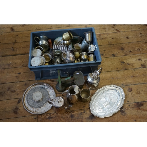 629 - A Large Box containing a Thermos Flask, Hotel Plate, Scales, etc, (Needs Viewing).