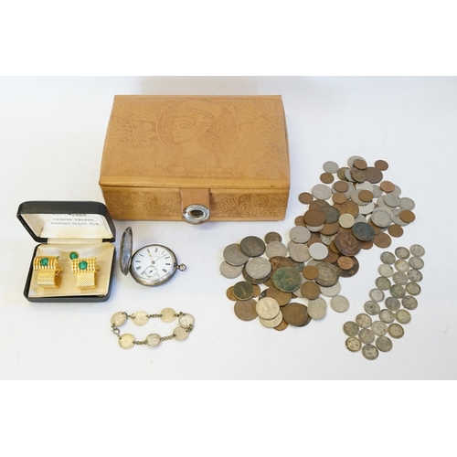 207 - A Silver Pocket Watch (AF), a Pair of Contessa Cufflinks, Leather Jewellery Box & a Small Collection... 