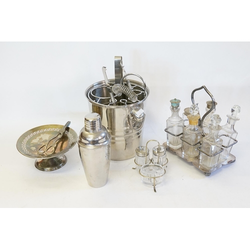 70 - A Six Bottled Silver Plated Cruet Set, one other Set, Grape Scissors, Bar Tenders Bucket, etc.