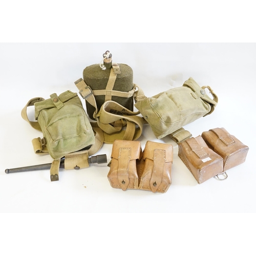 263 - A WWII Soldiers Canvas Belt with ammunition pouches, Water bottle & bayonet, Leather Pockets, etc.