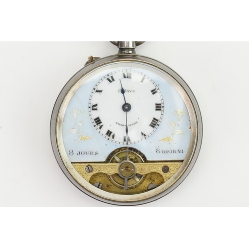 170 - A Silver Swiss Cased Pocket Watch with an enamelled Dial, 8 Day Visible Escapement Pocket Watch with... 