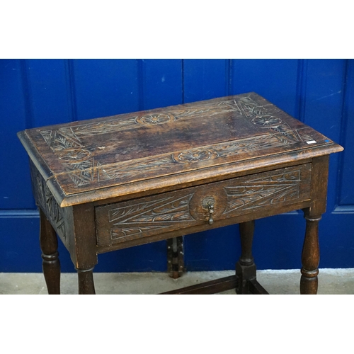 500 - A Jacobean design Single Drawer Side Table resting on Bulbous legs & a Carved Top. Measuring: 68cms ... 