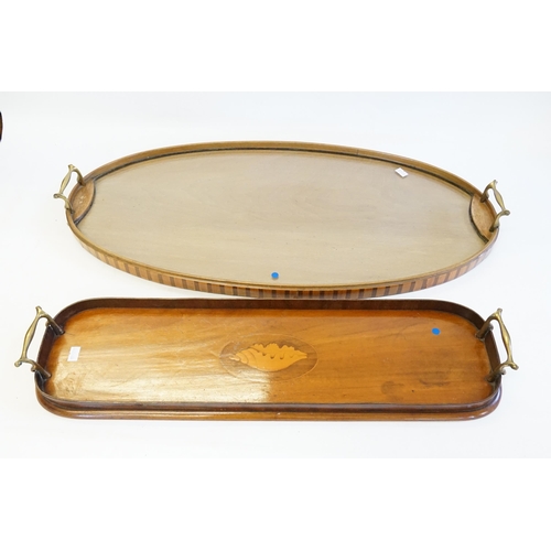 492 - An Edwardian satinwood inlaid tray, with brass scroll handles, along with one other with glass top.