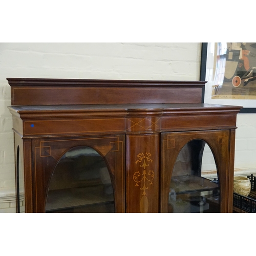 489 - An Edwardian mahogany and line inlaid revival cabinet, central inlaid panel, double door & Resting o... 