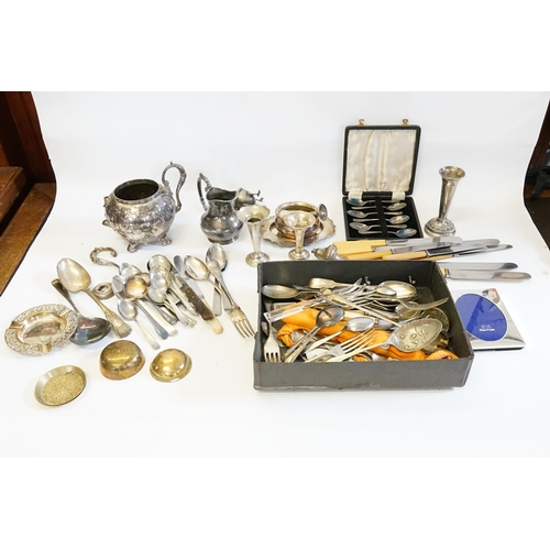 65 - A Large Box of Silver Plated items to include a Tea Pot, Cutlery, Ash Tray, etc.