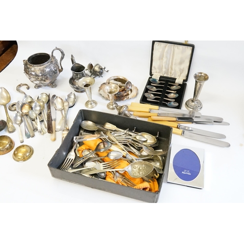 65 - A Large Box of Silver Plated items to include a Tea Pot, Cutlery, Ash Tray, etc.