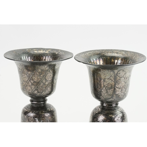 621 - A Pair of Indian Mughal Silver Inlaid Bidri Spittoons. Measuring: 19cms high. Along with a Metal Pla... 