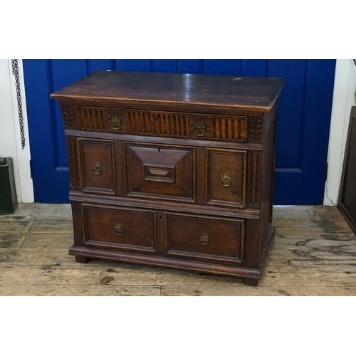 473 - An Antique Oak & Patinated Jacobean design Chest of Drawers with Linen Fold Panelled Top, panelled &... 