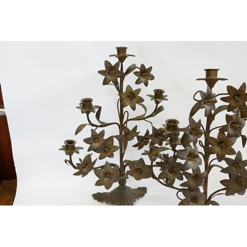 617 - A Pair of French Late 19th Century Brass & Coloured Floral Bocage Candlesticks with Five Candle Hold... 