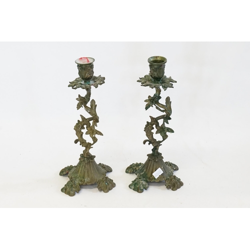 618 - A Pair of French Naturalistic Brass Candlesticks resting on shaped bases & Floral Sconces. Measuring... 