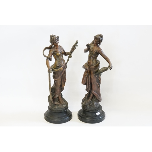 619 - A Pair of French Spelter Studies in the Art Nouveau style depicting Harvest Scenes on Pedestal bases... 