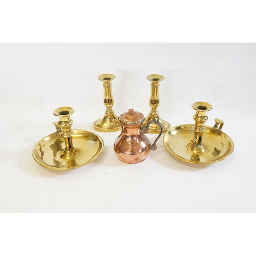 622 - A Pair of Brass Chamber Candlesticks & a Pair of oval Candlesticks & a French Copper Milk Jug.