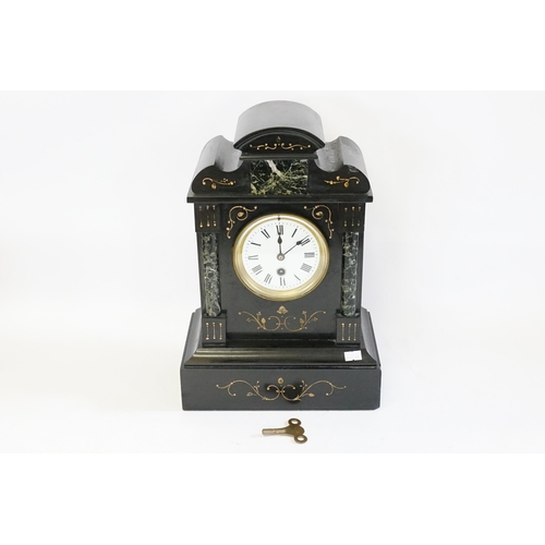 201 - A Victorian Slate & Marble Drawing Room Clock with Gilt decoration, enamel face & a French Brass mov... 