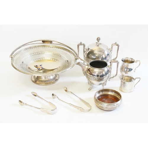 64 - A Silver Plated Bread Basket, Sugar Bowl, Cream Jug, Silver Coaster, etc.