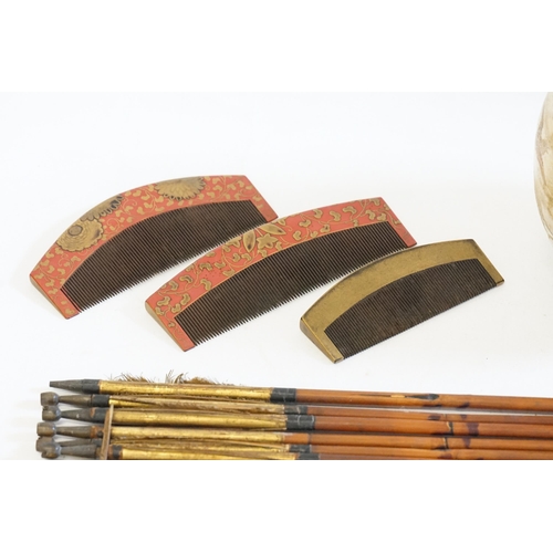 396 - Three Japanese Maji period Knit Combs in Red & Gold Lacquer, a collection of Japanese Cross Bow Arro... 