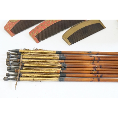 396 - Three Japanese Maji period Knit Combs in Red & Gold Lacquer, a collection of Japanese Cross Bow Arro... 