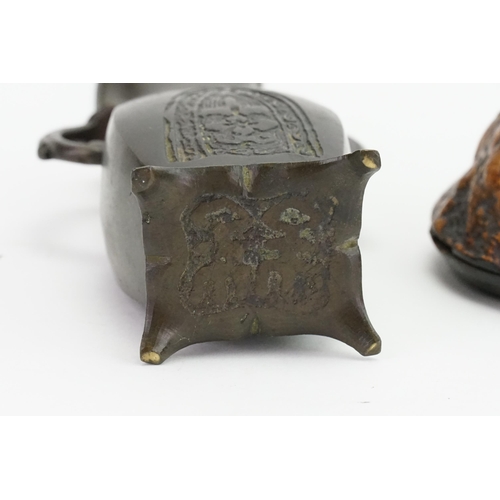 397 - A Pair of Japanese Bronze Fighting Cockerel Vase mounts, a Root Wood & lacquered Vide Poche & an Arc... 