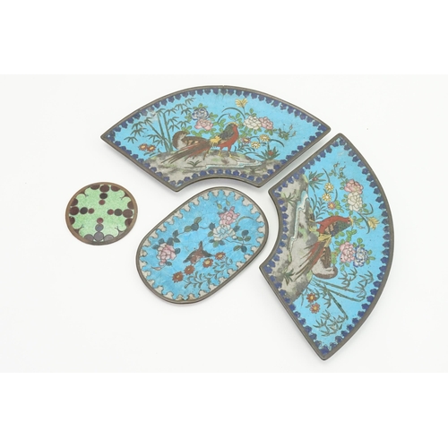 399 - A Pair of Japanese Fan Shaped Cloisonne Dishes, a similar Pin Pin Dish & an Arts & Crafts Enamel Pan... 