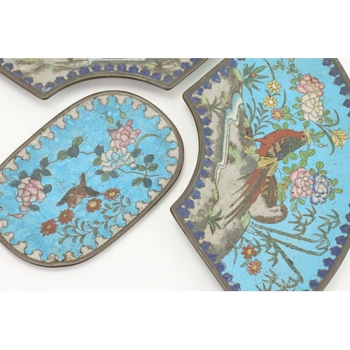 399 - A Pair of Japanese Fan Shaped Cloisonne Dishes, a similar Pin Pin Dish & an Arts & Crafts Enamel Pan... 