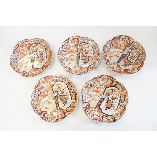 408 - Five Japanese Imari pattern Plates decorated with Flowers, Cartouches & Scalloped Borders in Rust, B... 