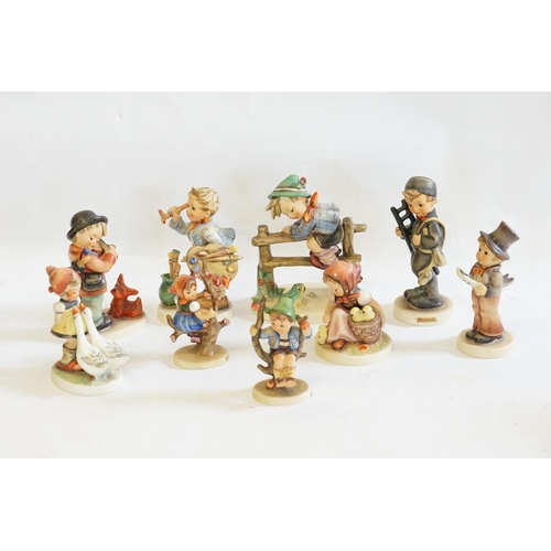 309 - A Collection of 9 Hummel Figurines to include 201 - Fence, 47 - Geese, 82 - Swing, 131 - News Boy, 1... 