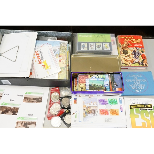 579 - A Box of Collectables to include Sets of 50th Anniversary Phone Cards, Coins, First Day Covers, etc.