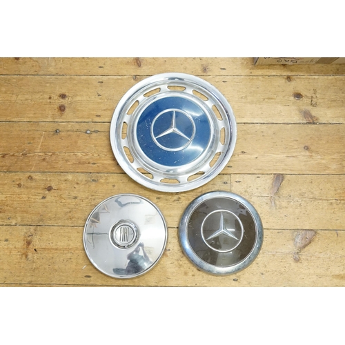 430 - An Original Vintage 1950s Mercedes Chrome Hub Cap, a 1970s Mercedes Chrome Hub Cap & a 1970s Fiat Ch... 