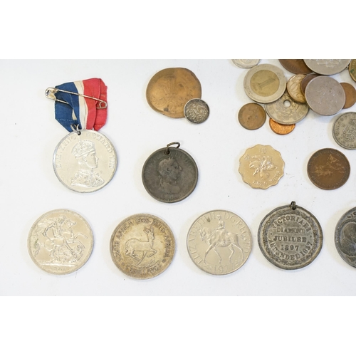 219 - Diamond Jubilee 1897 medal, along with two coronation medals, five shilling silver 1951 coin, etc.