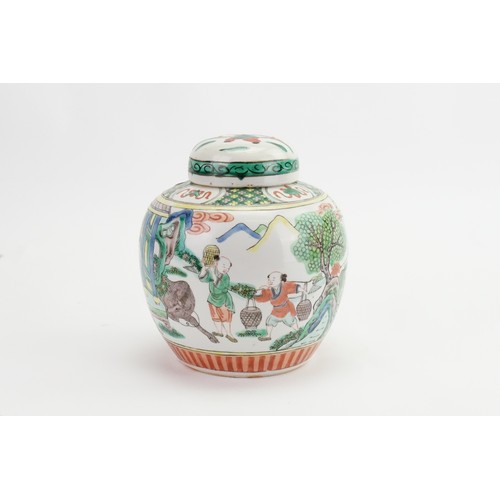 388 - A Chinese Cantonese enamelled Ginger Jar with Top depicting a Garden Scene & Ox (Measures: 18cms Hig... 