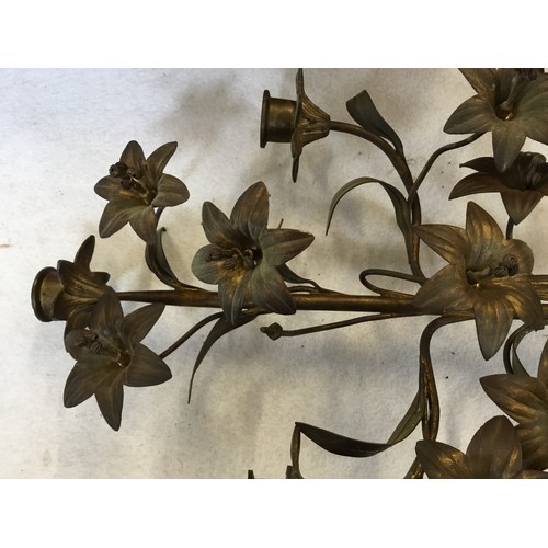 617 - A Pair of French Late 19th Century Brass & Coloured Floral Bocage Candlesticks with Five Candle Hold... 