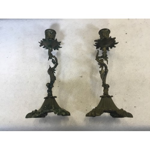 618 - A Pair of French Naturalistic Brass Candlesticks resting on shaped bases & Floral Sconces. Measuring... 